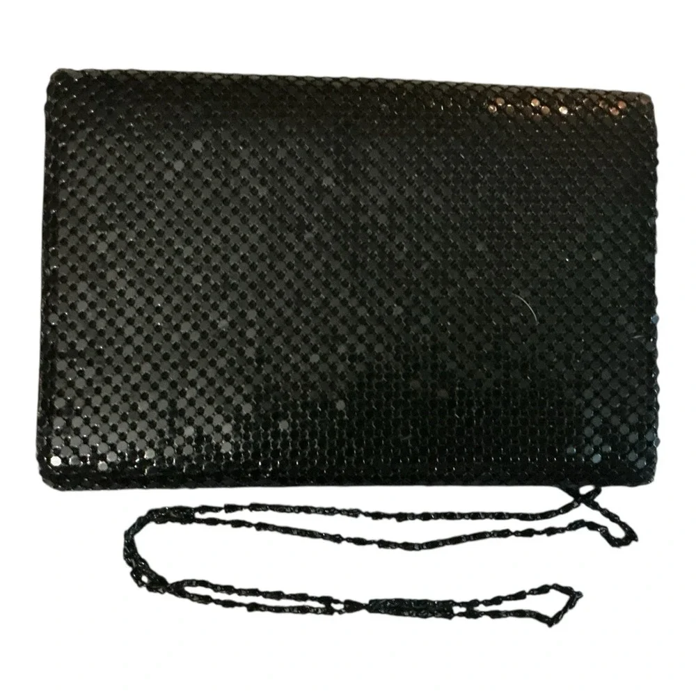 Vintage Metal Mesh Clutch Gold Trim w/ Beade Chain Envelope Style Disco Cocktail